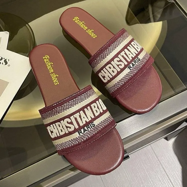 2024 New Women's Flat One-Strap Embroidered Sandals, Chanel-Inspired Letter Design, Beach Shoes, INS Fashionable Casual Footwear"