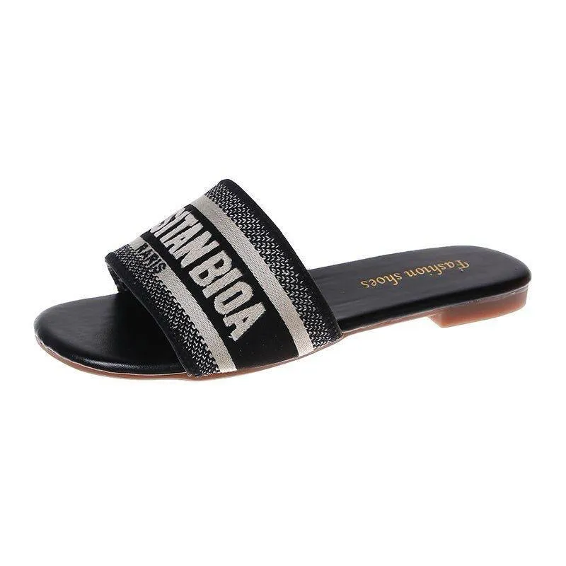 2024 New Women's Flat One-Strap Embroidered Sandals, Chanel-Inspired Letter Design, Beach Shoes, INS Fashionable Casual Footwear"