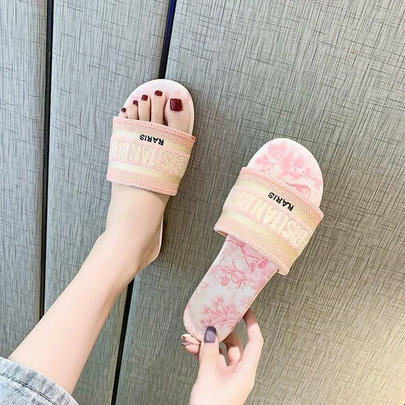 2024 New Women's Flat One-Strap Embroidered Sandals, Chanel-Inspired Letter Design, Beach Shoes, INS Fashionable Casual Footwear"