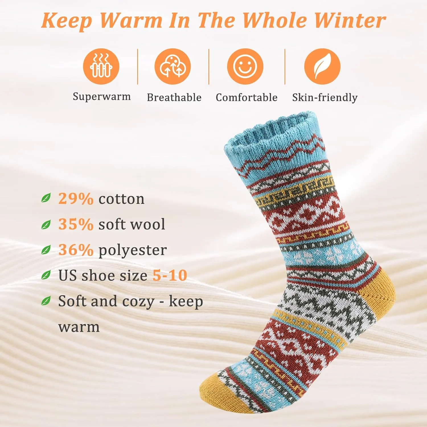 5 Pack Womens Wool Socks Winter Soft Warm Cold Knit Wool Crew Socks Thick Cozy Socks Gifts for Women One Size