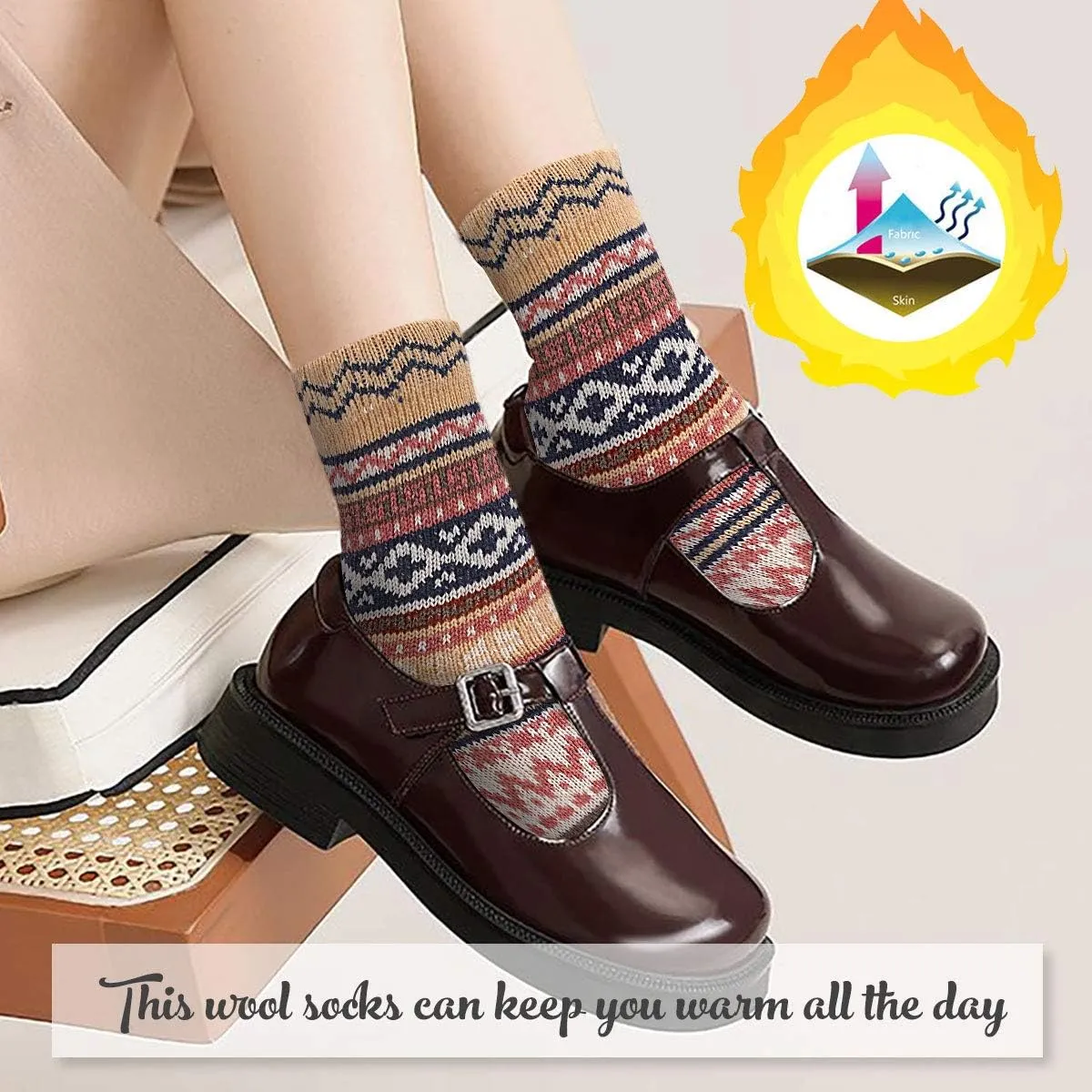 5 Pack Womens Wool Socks Winter Soft Warm Cold Knit Wool Crew Socks Thick Cozy Socks Gifts for Women One Size