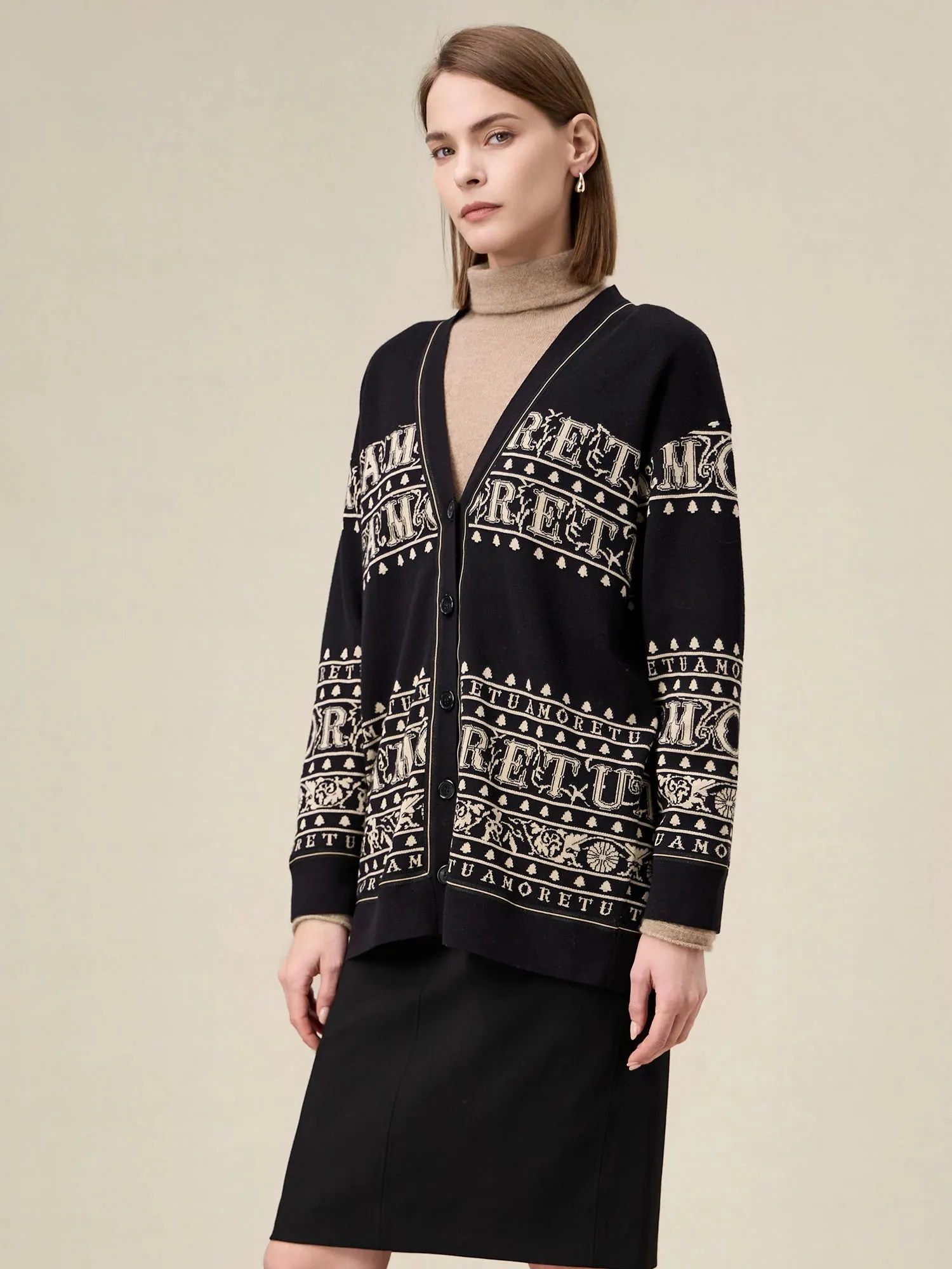 Amoretu Brand Patterned Long Sleeve Knit Cardigan