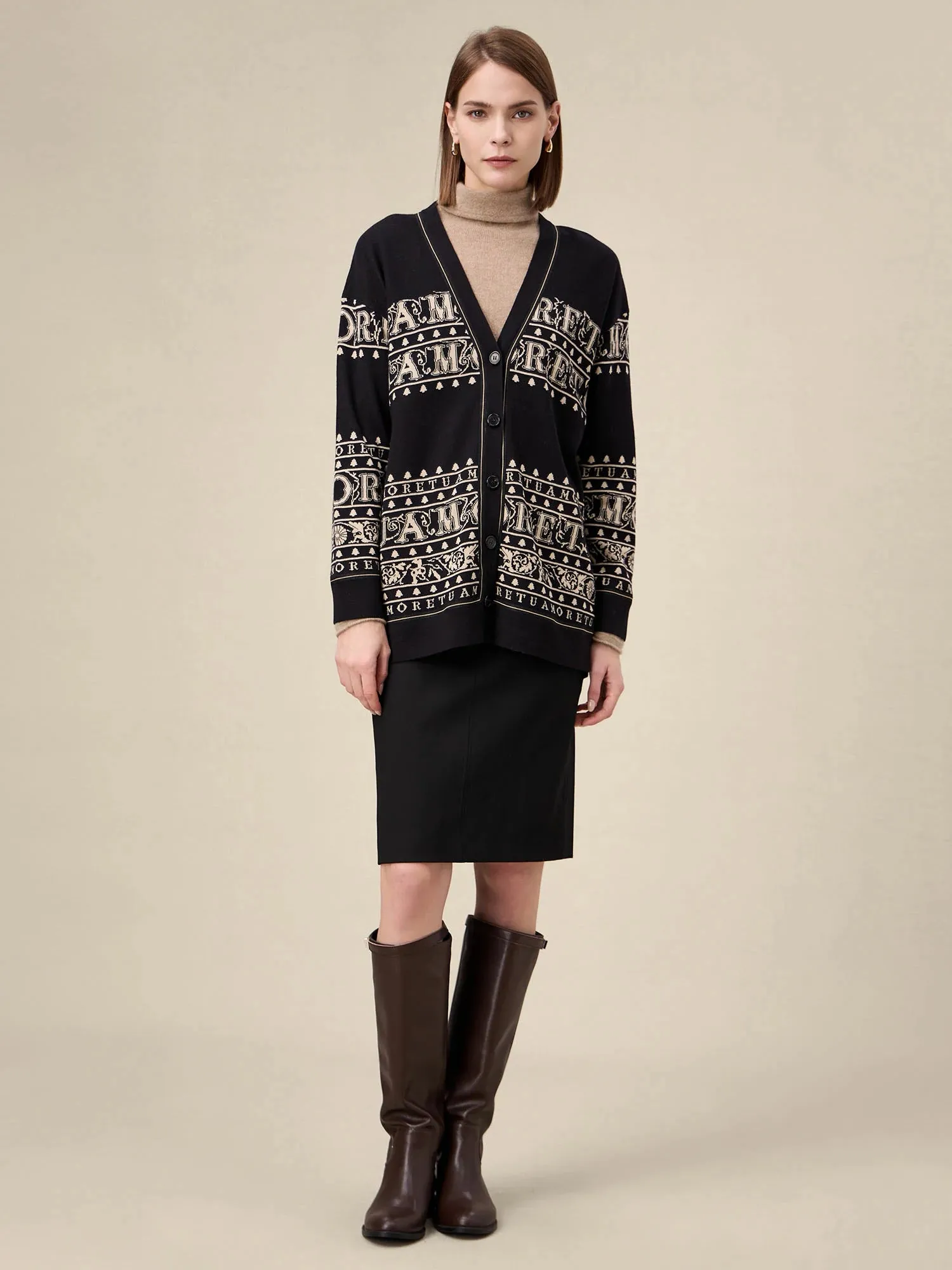 Amoretu Brand Patterned Long Sleeve Knit Cardigan