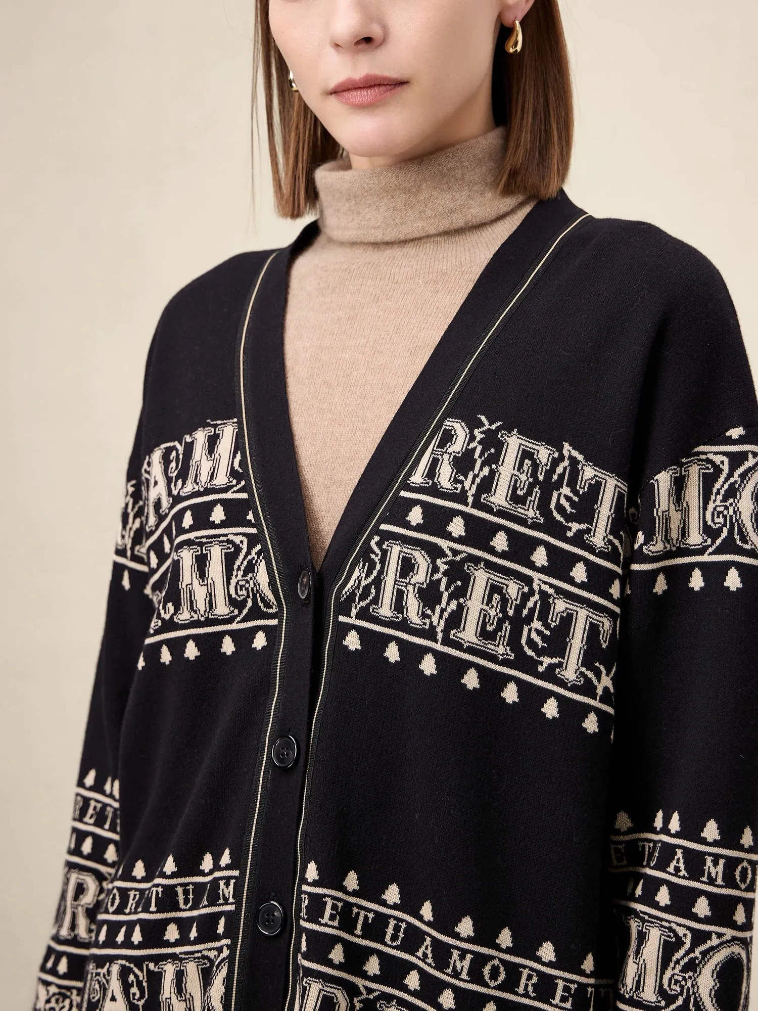 Amoretu Brand Patterned Long Sleeve Knit Cardigan