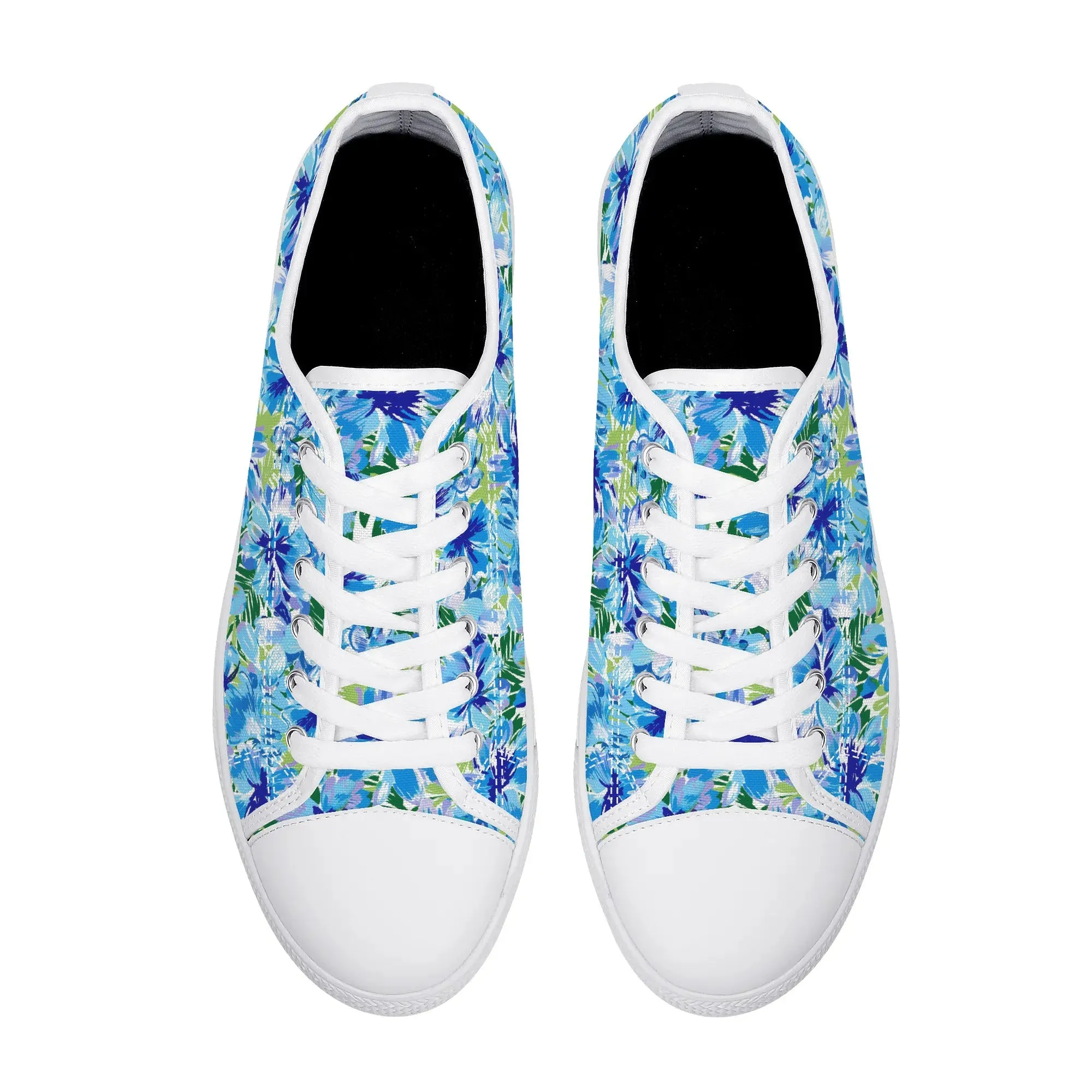 Azure Bloom Oasis: Bright Blue Large Flowers with Lush Green Palm Leaves Womens Low Top Canvas Sneakers US5.5 - US12