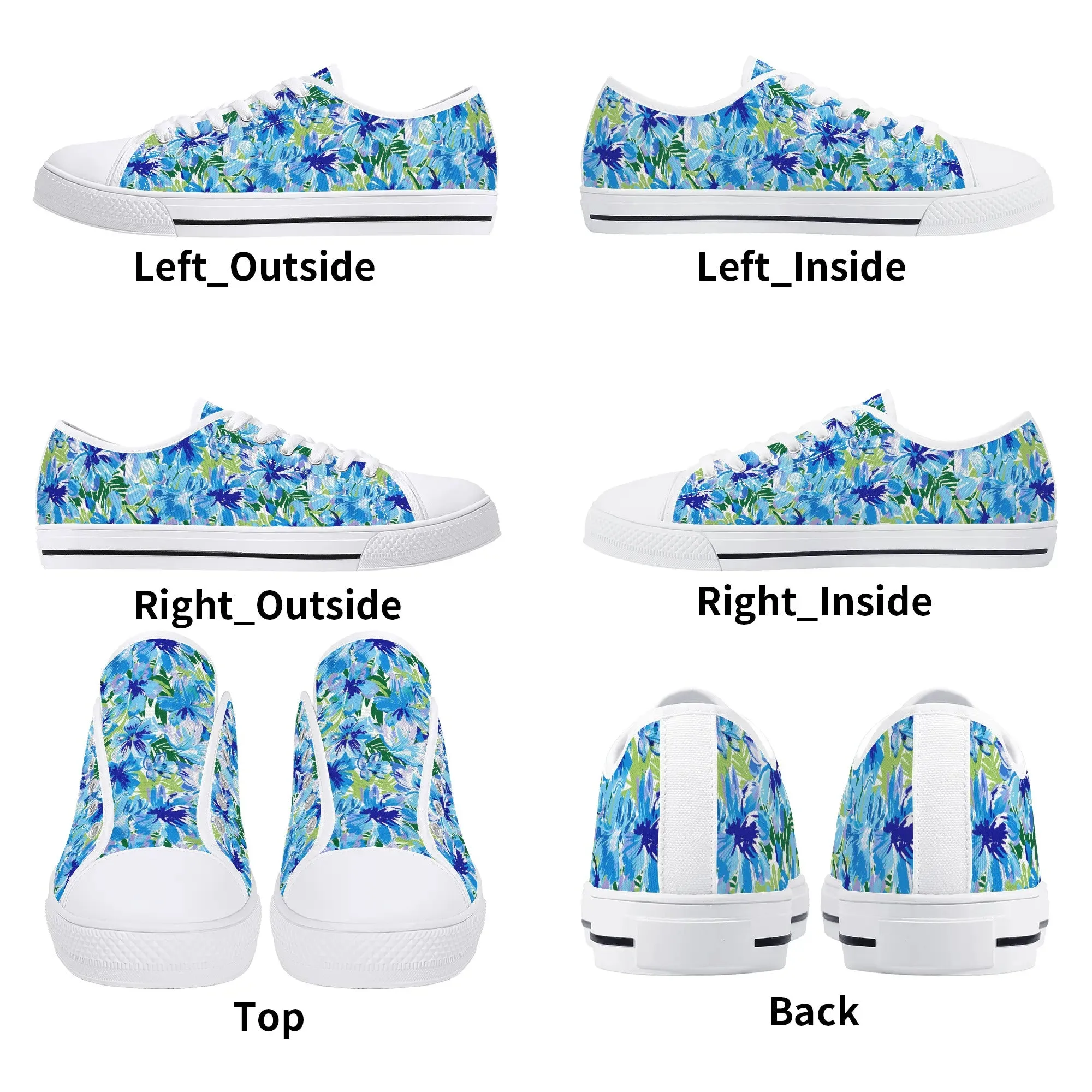 Azure Bloom Oasis: Bright Blue Large Flowers with Lush Green Palm Leaves Womens Low Top Canvas Sneakers US5.5 - US12