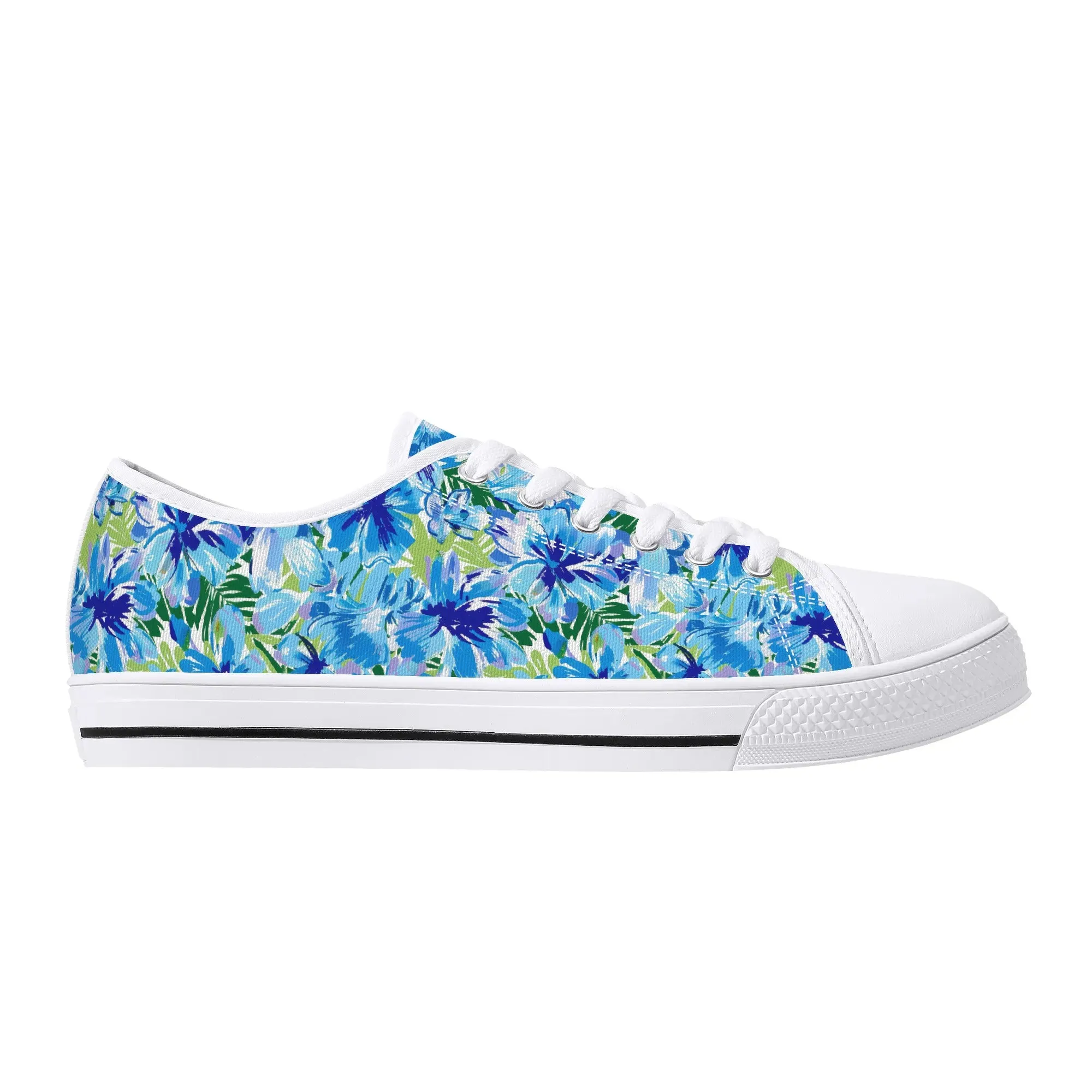 Azure Bloom Oasis: Bright Blue Large Flowers with Lush Green Palm Leaves Womens Low Top Canvas Sneakers US5.5 - US12