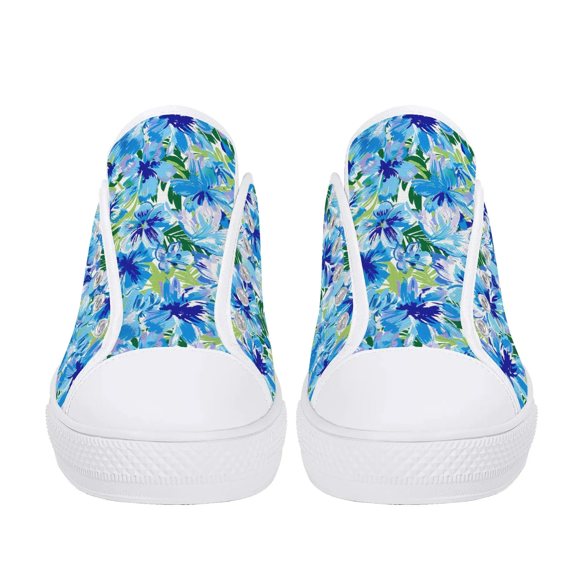 Azure Bloom Oasis: Bright Blue Large Flowers with Lush Green Palm Leaves Womens Low Top Canvas Sneakers US5.5 - US12