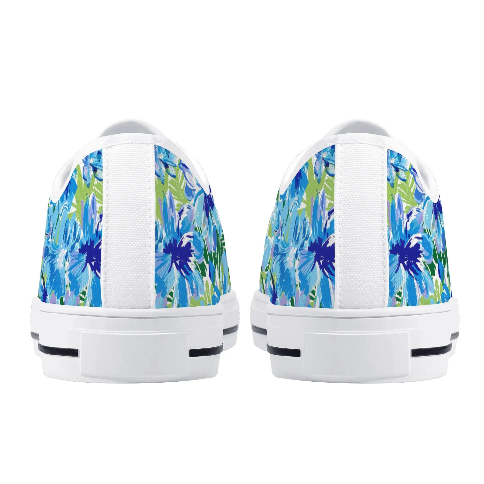 Azure Bloom Oasis: Bright Blue Large Flowers with Lush Green Palm Leaves Womens Low Top Canvas Sneakers US5.5 - US12