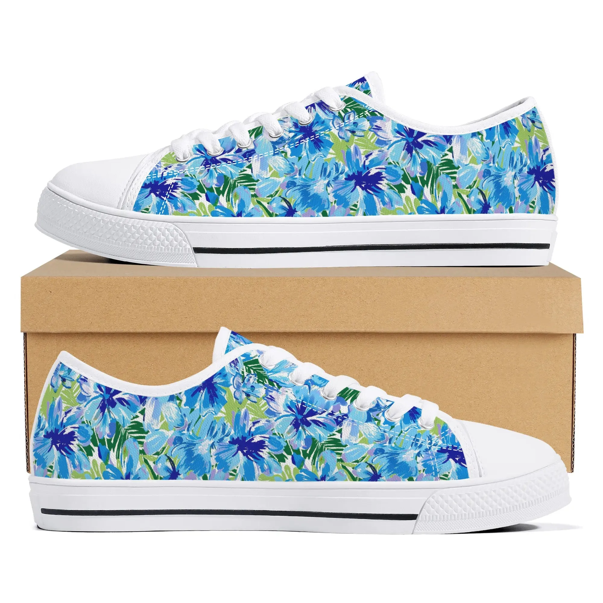Azure Bloom Oasis: Bright Blue Large Flowers with Lush Green Palm Leaves Womens Low Top Canvas Sneakers US5.5 - US12