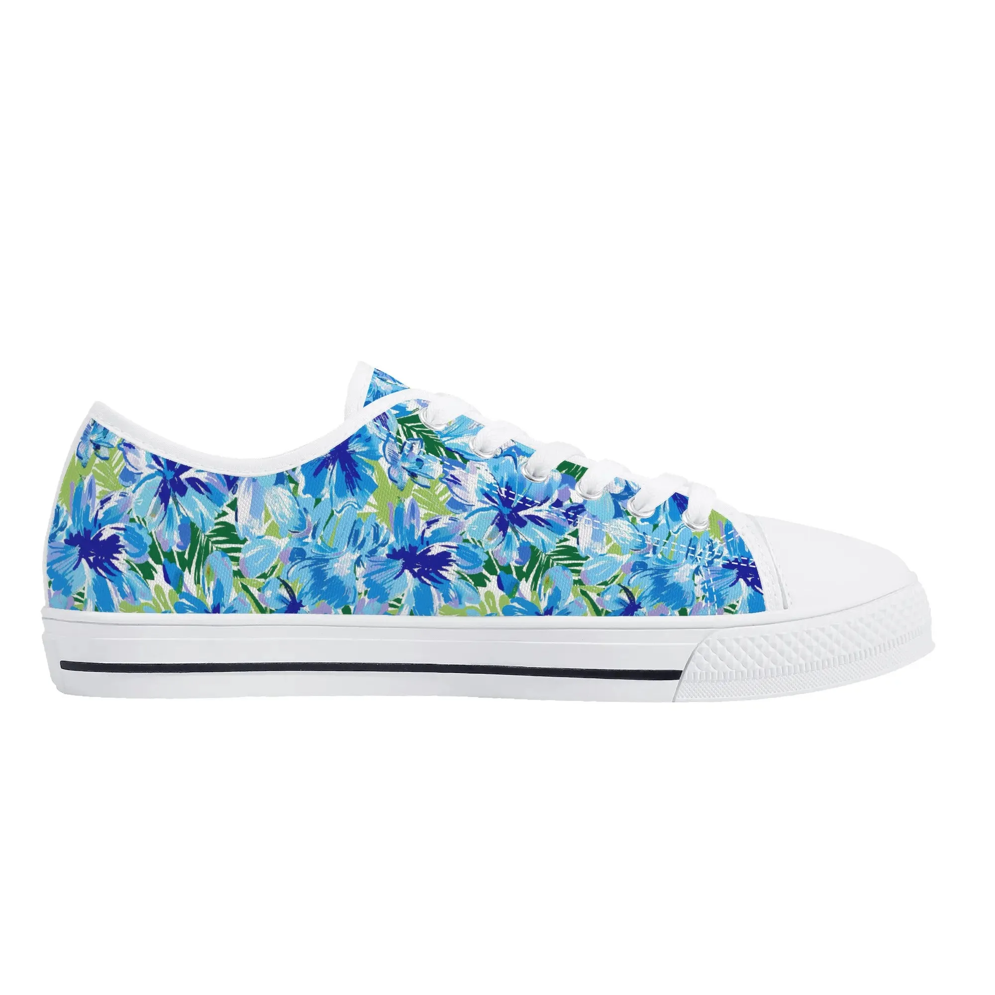 Azure Bloom Oasis: Bright Blue Large Flowers with Lush Green Palm Leaves Womens Low Top Canvas Sneakers US5.5 - US12