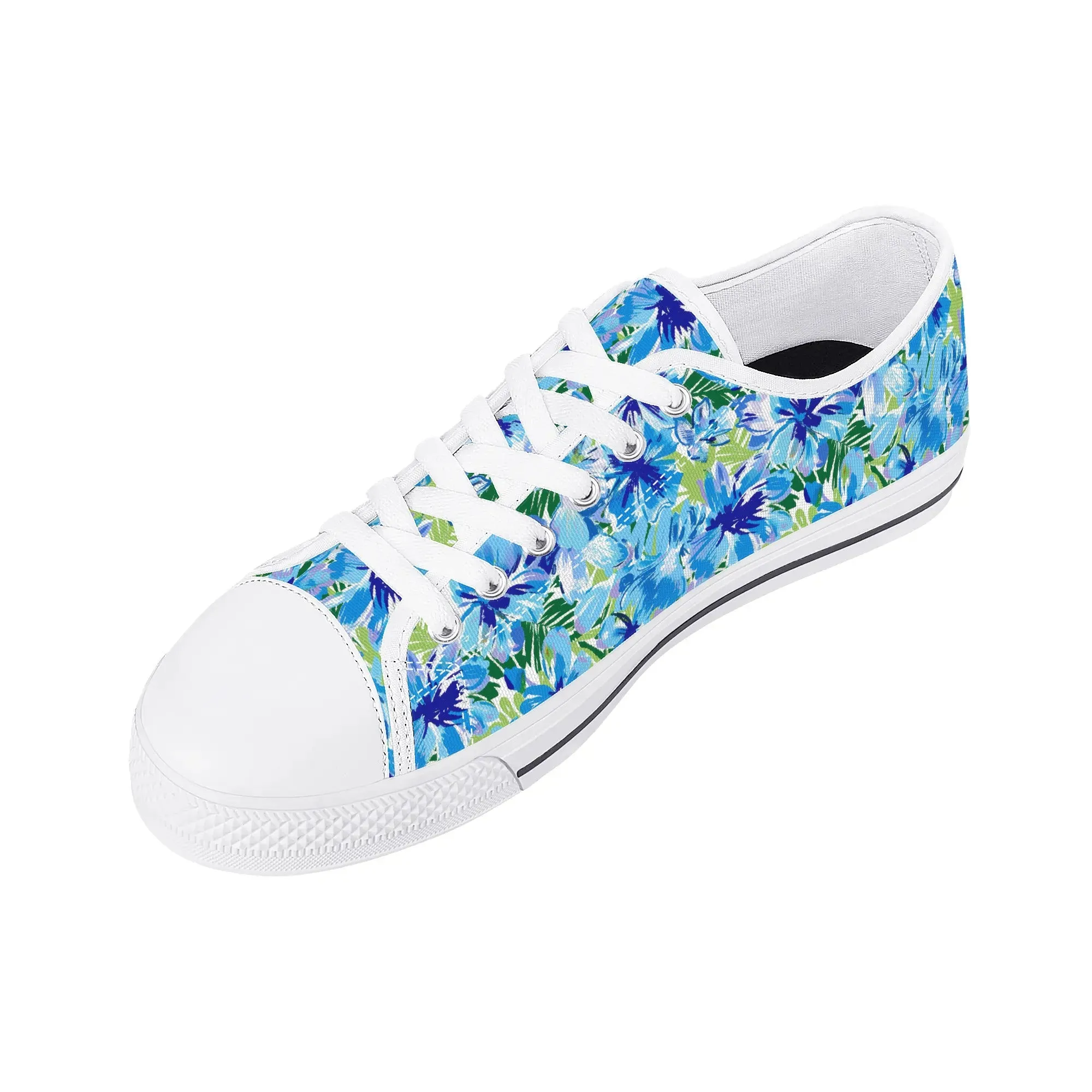 Azure Bloom Oasis: Bright Blue Large Flowers with Lush Green Palm Leaves Womens Low Top Canvas Sneakers US5.5 - US12