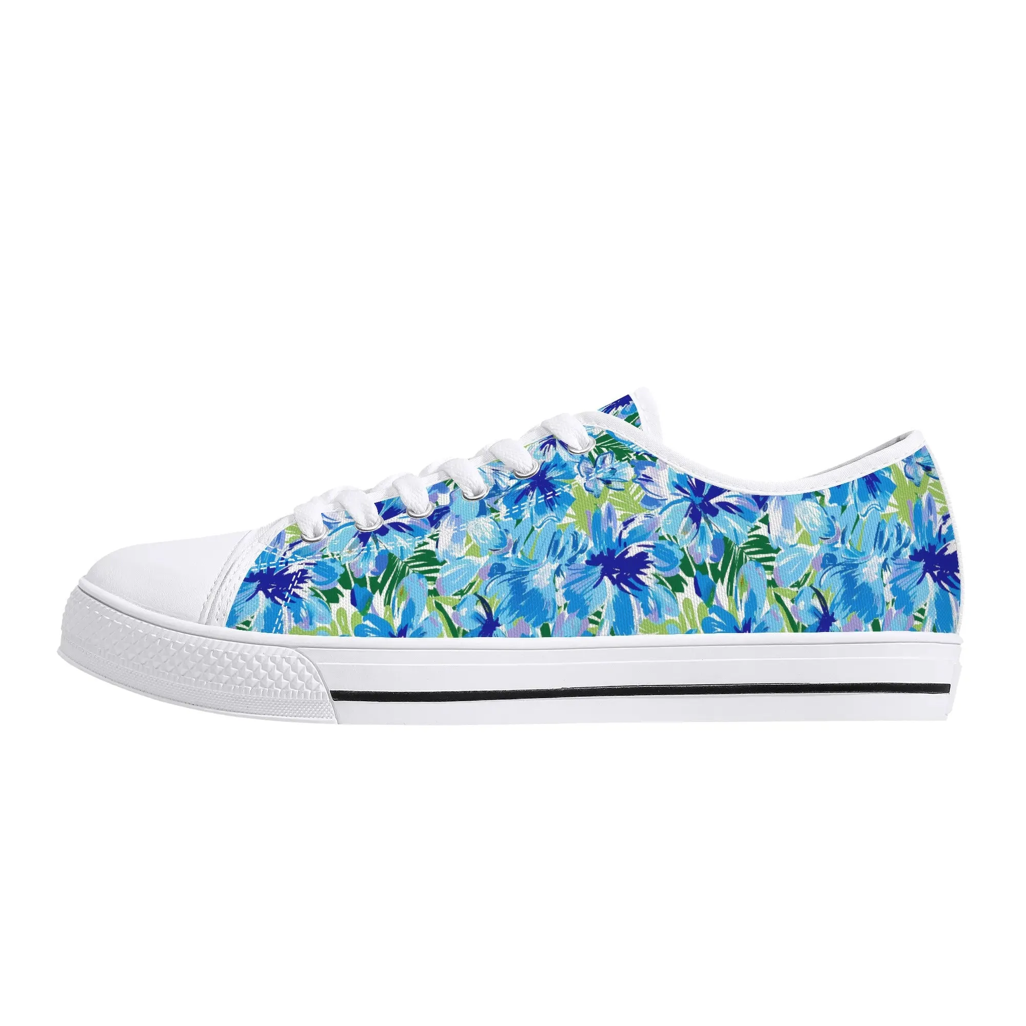 Azure Bloom Oasis: Bright Blue Large Flowers with Lush Green Palm Leaves Womens Low Top Canvas Sneakers US5.5 - US12