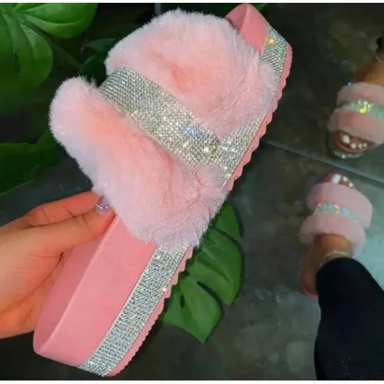 Bling Diamond Fur Slipper Sandals
