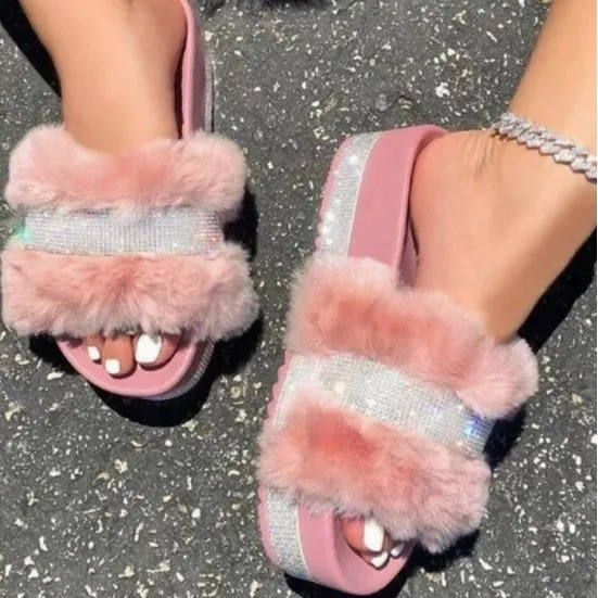 Bling Diamond Fur Slipper Sandals