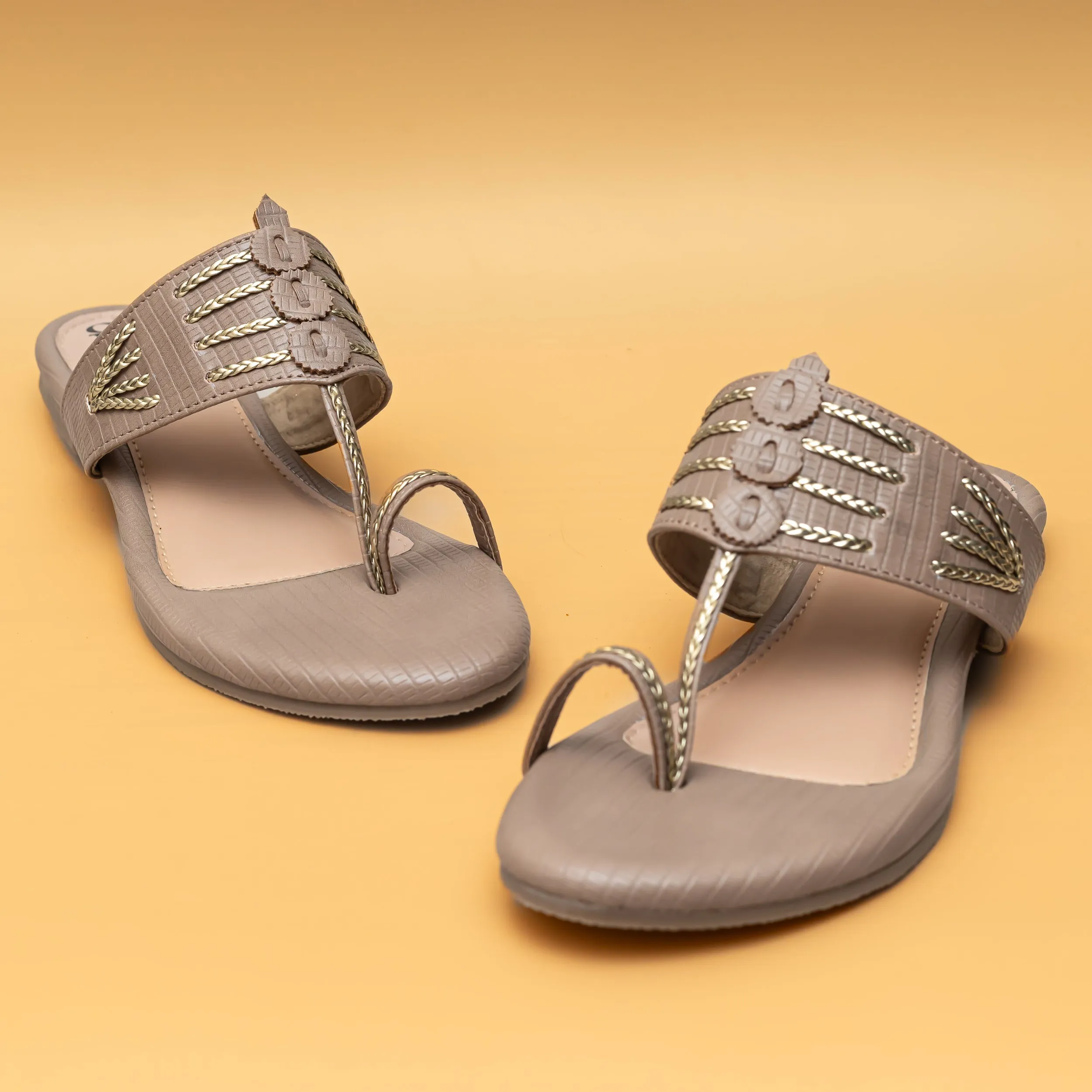 Braided Kolhapuri Flats - Beige