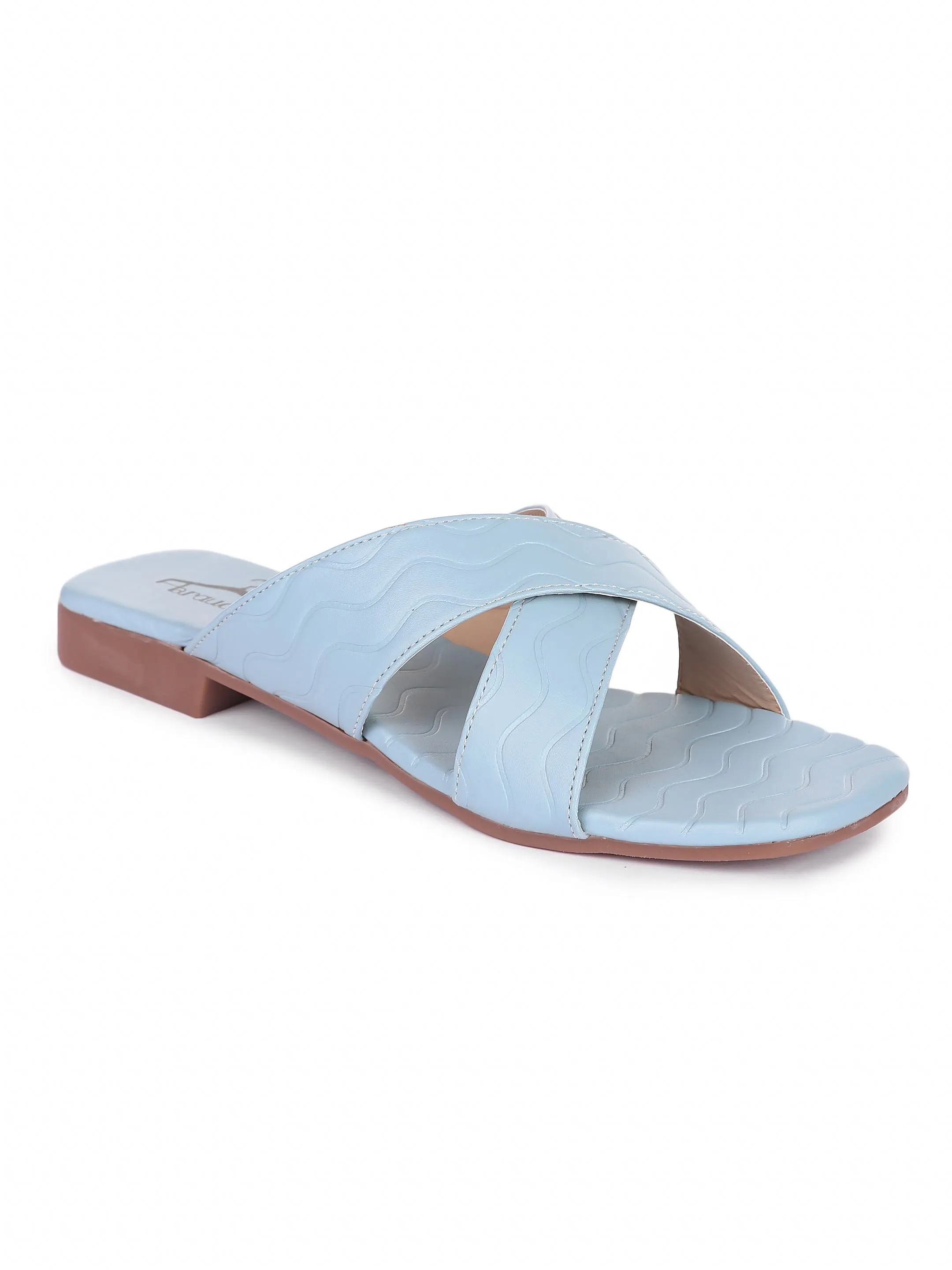 Brauch Sky Blue Cross Strap Patterned Flats
