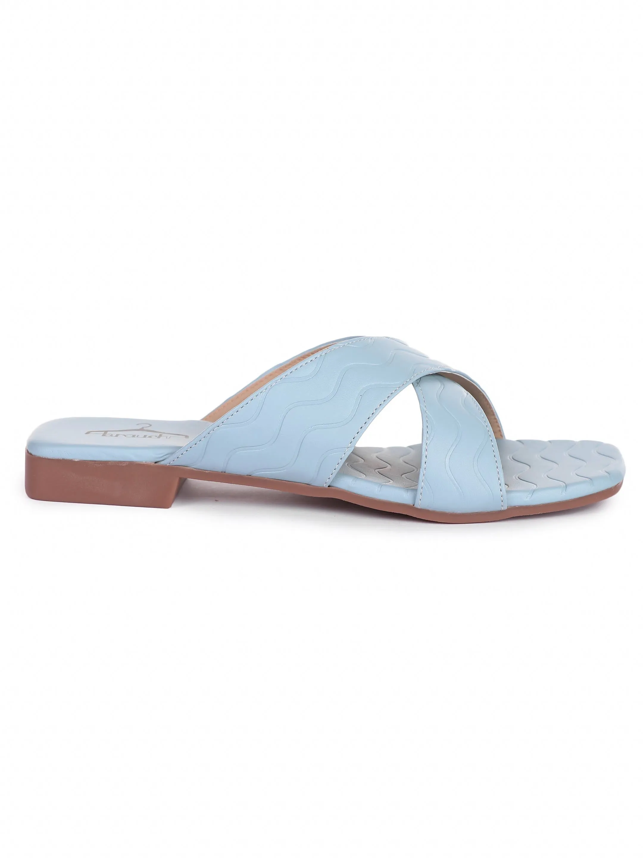 Brauch Sky Blue Cross Strap Patterned Flats