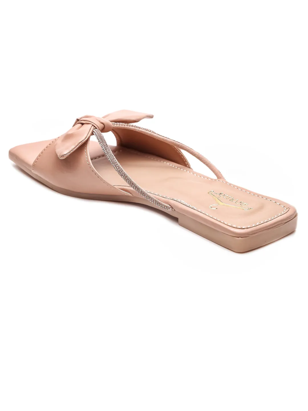 Brauch Women Peach Rhinestone Embellished Bow Flats