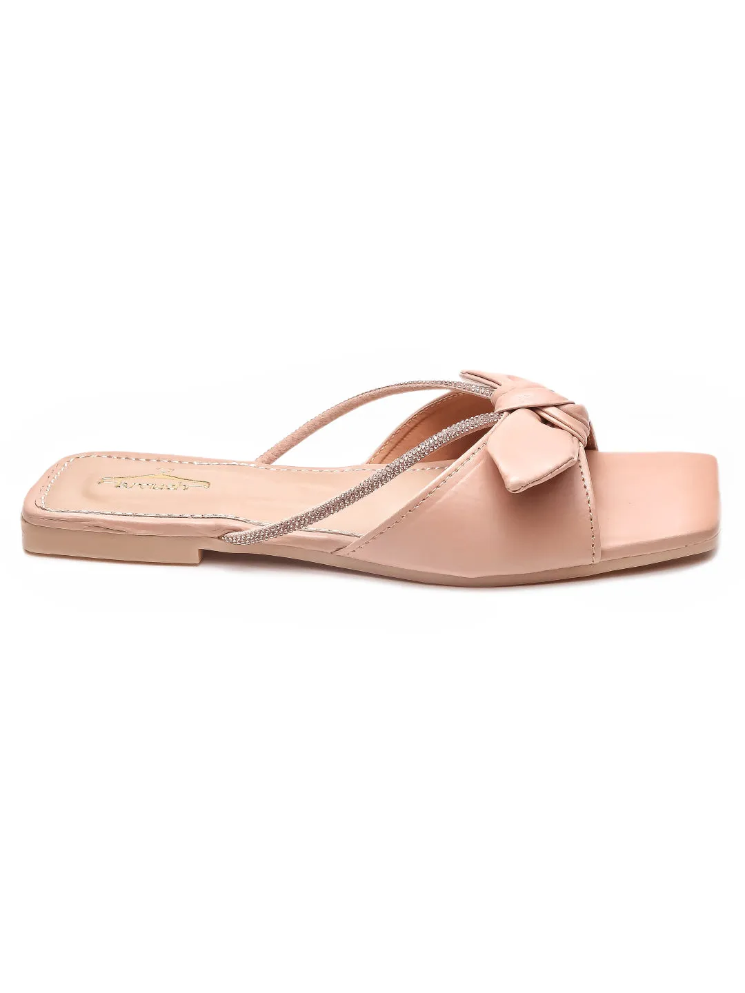 Brauch Women Peach Rhinestone Embellished Bow Flats