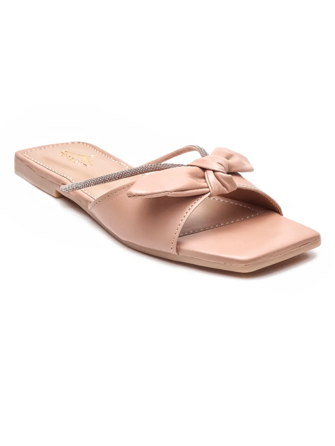 Brauch Women Peach Rhinestone Embellished Bow Flats