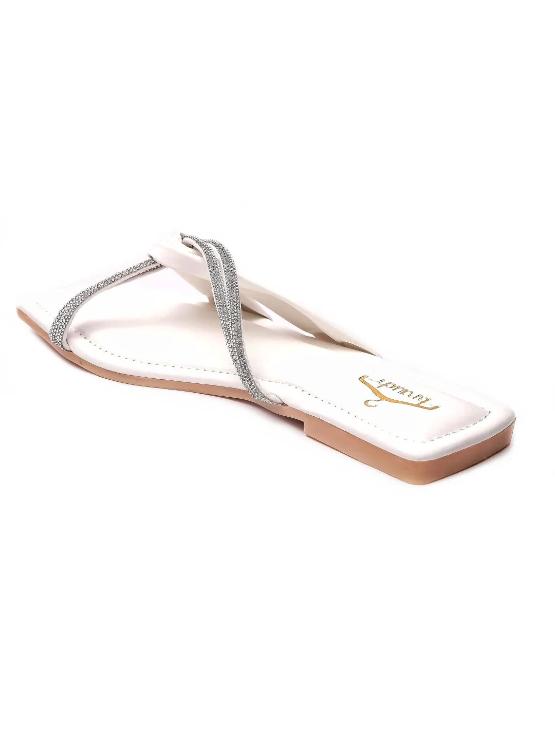 Brauch Women White Cross Strap Rhinestone Flats