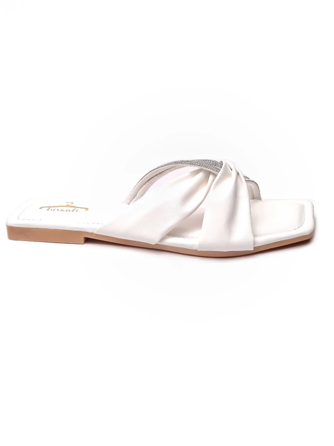 Brauch Women White Cross Strap Rhinestone Flats