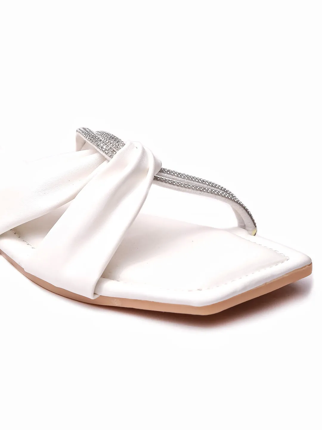 Brauch Women White Cross Strap Rhinestone Flats