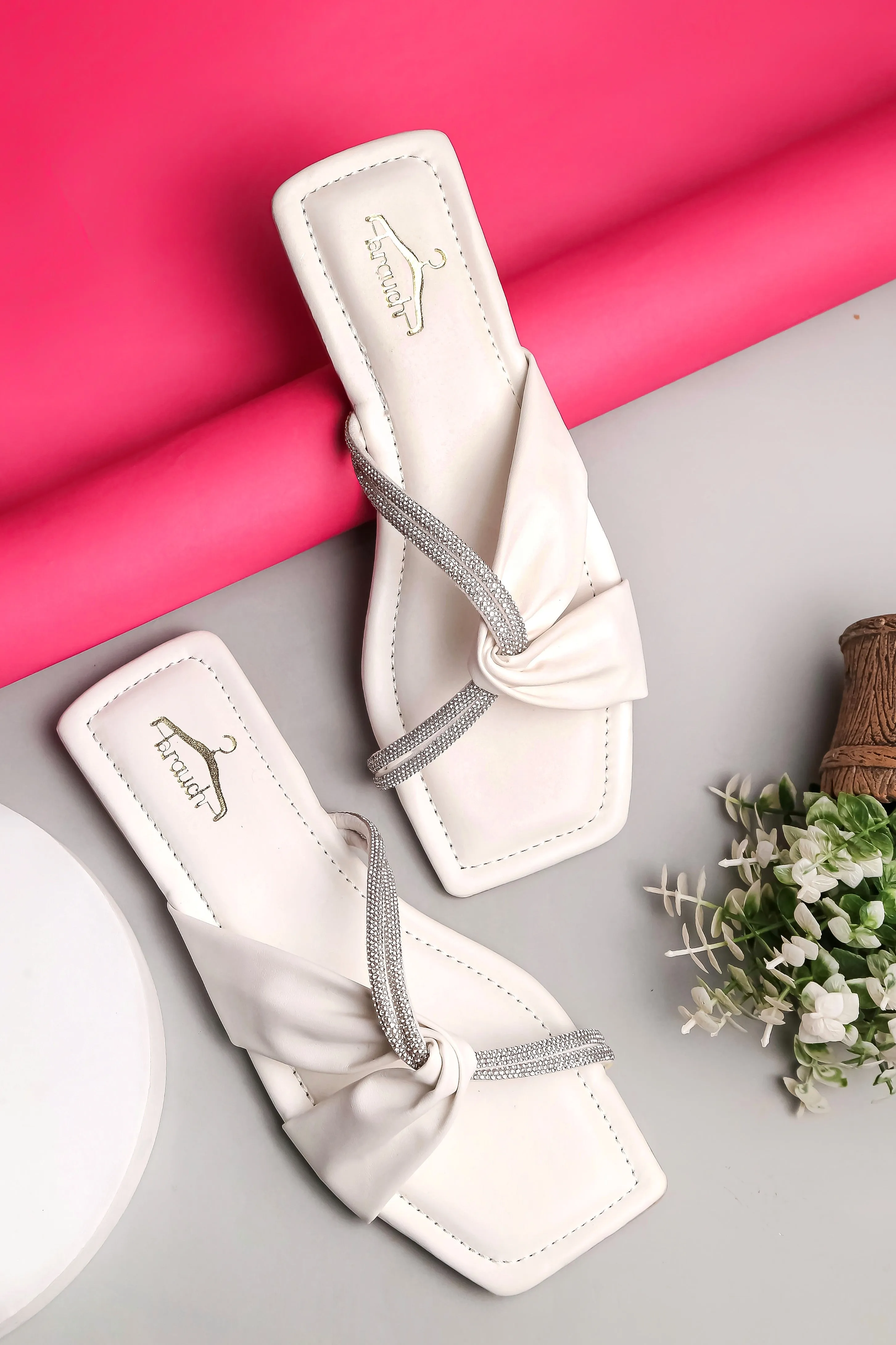 Brauch Women White Cross Strap Rhinestone Flats