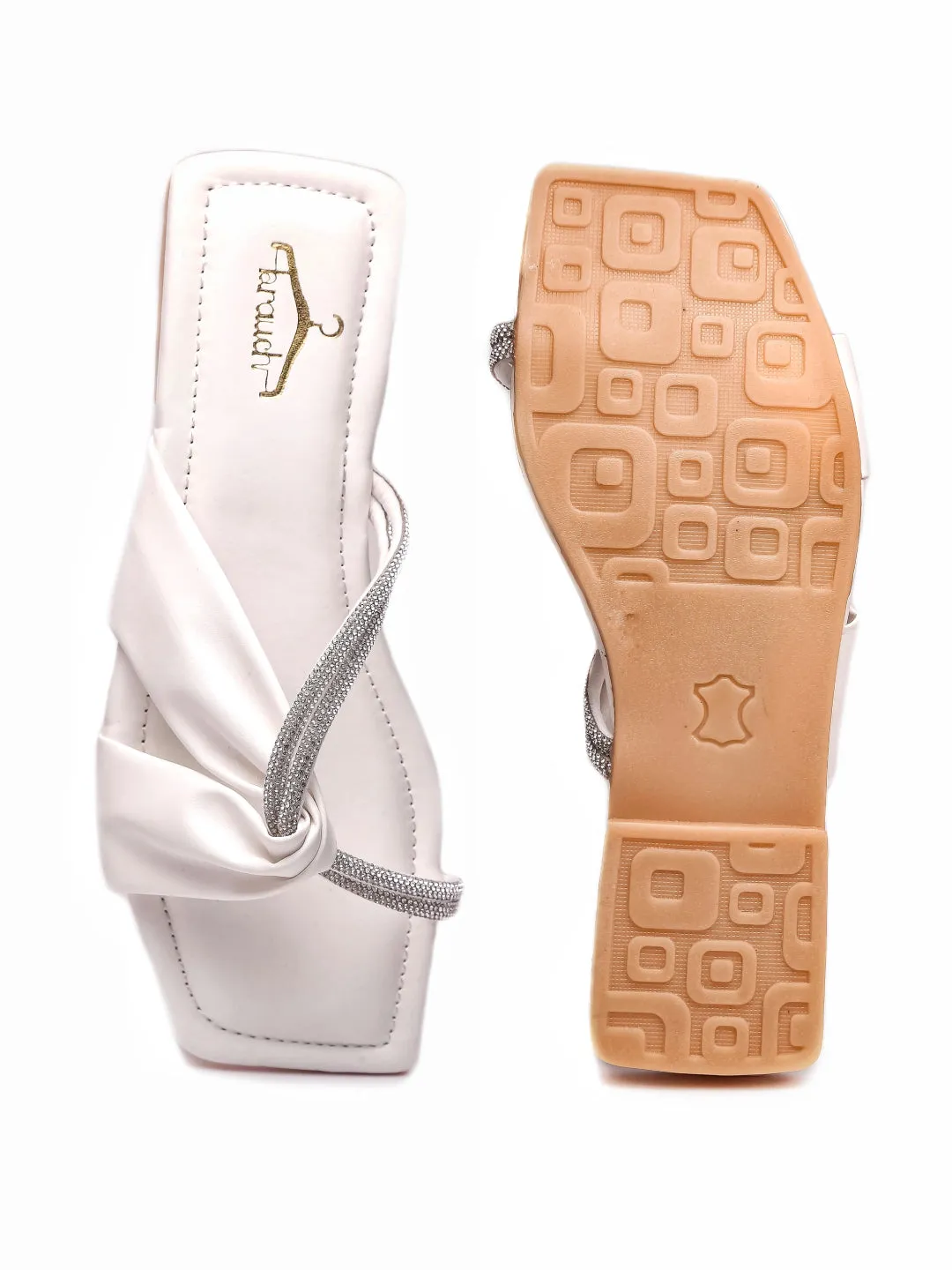 Brauch Women White Cross Strap Rhinestone Flats