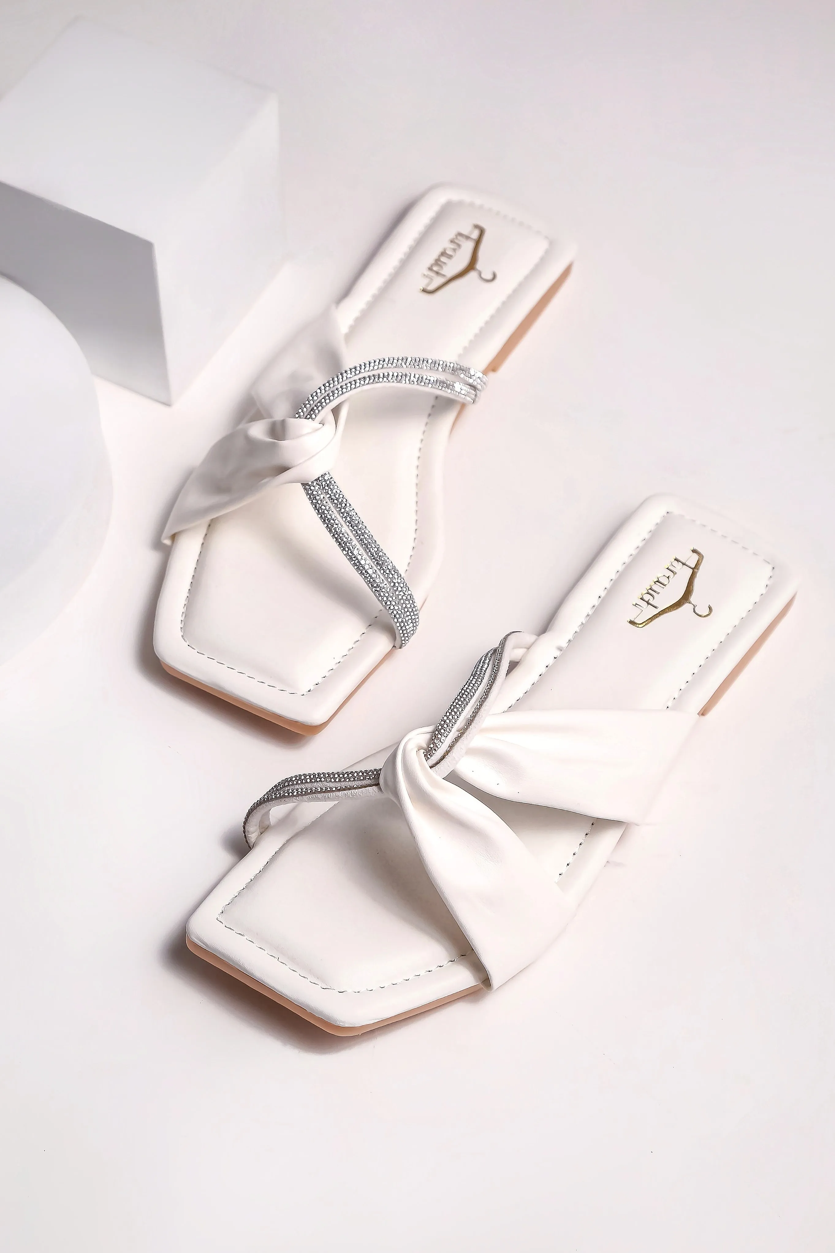 Brauch Women White Cross Strap Rhinestone Flats