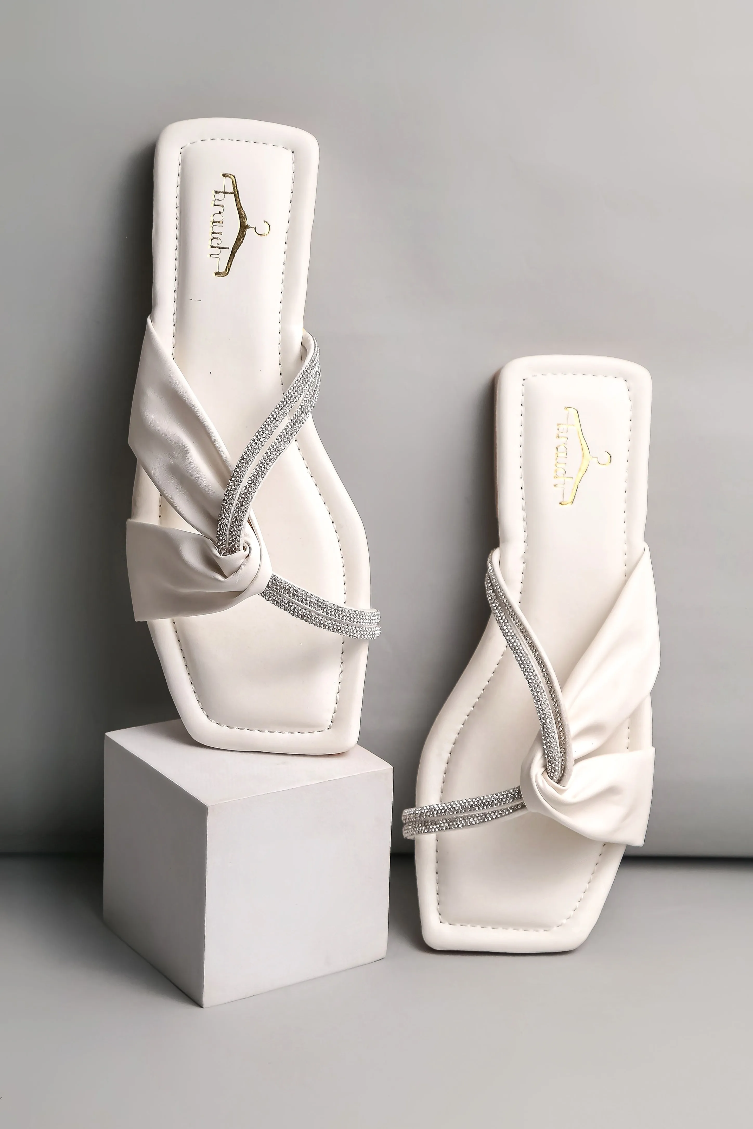Brauch Women White Cross Strap Rhinestone Flats