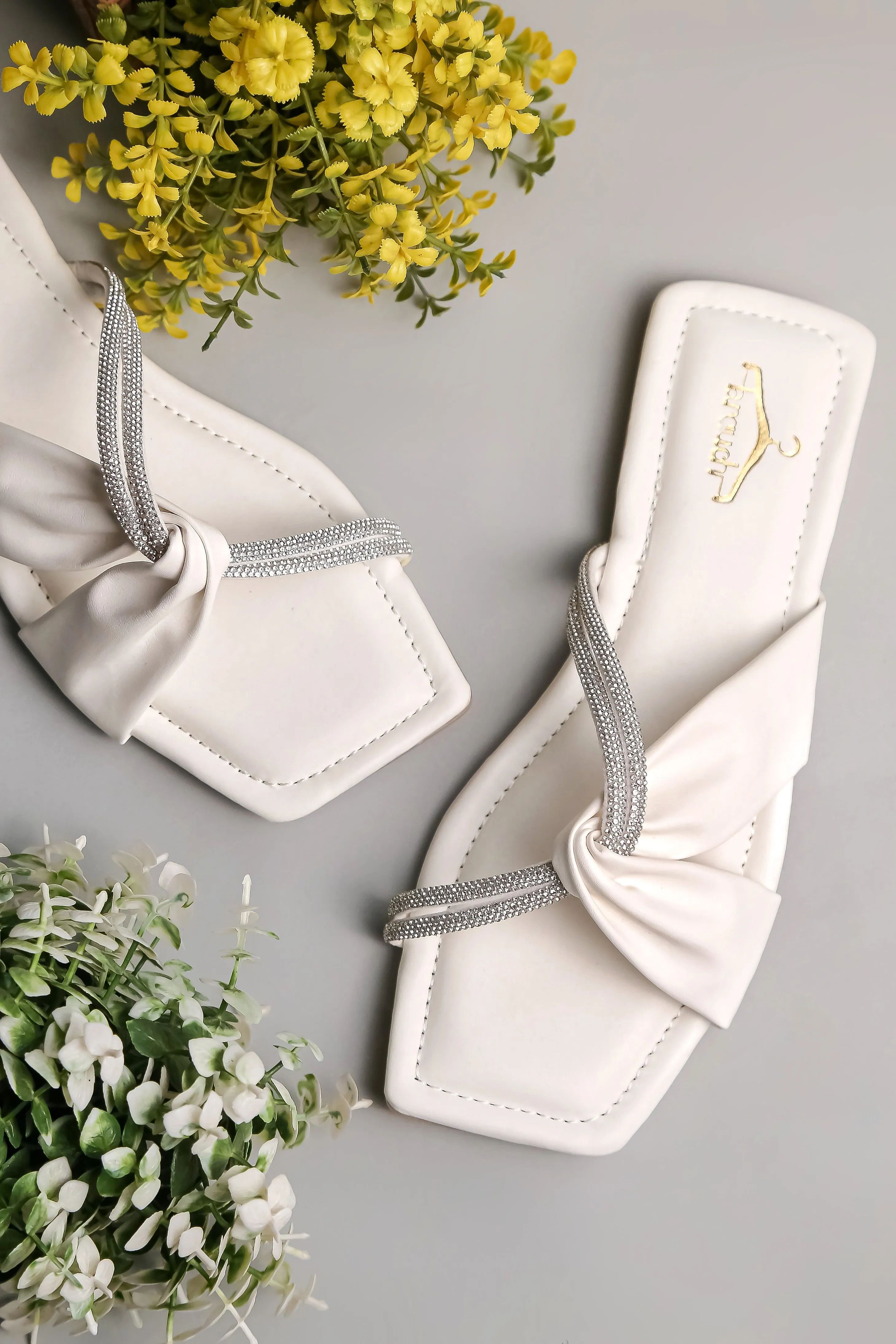 Brauch Women White Cross Strap Rhinestone Flats