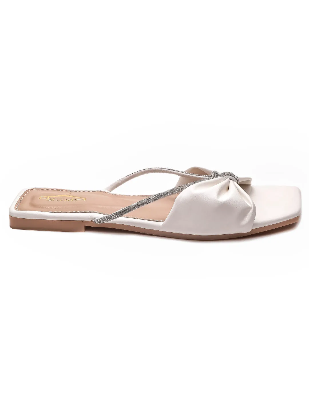 Brauch Women White Knot Rhinestone Embellished Flats