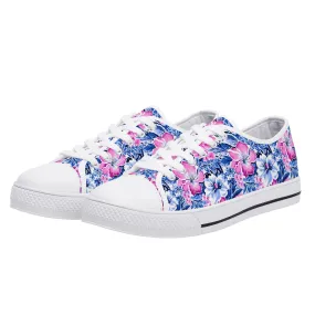 Bright Blooms: Pink and Blue Watercolor Hibiscus in Vivid Splendor Womens Low Top Canvas Sneakers US5.5 - US12