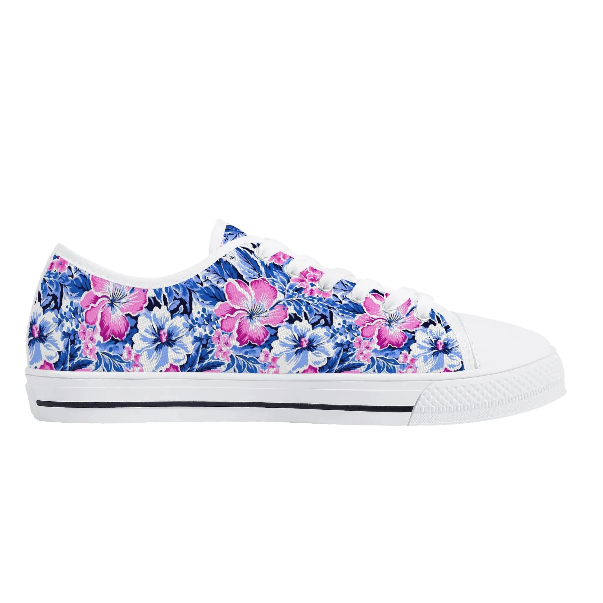 Bright Blooms: Pink and Blue Watercolor Hibiscus in Vivid Splendor Womens Low Top Canvas Sneakers US5.5 - US12