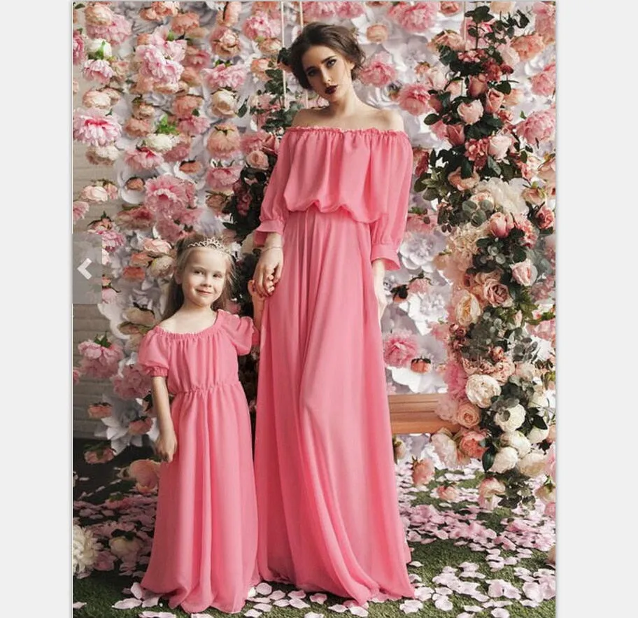 Chiffon Girl Women Dress Maxi Wedding Party mother daughter dress