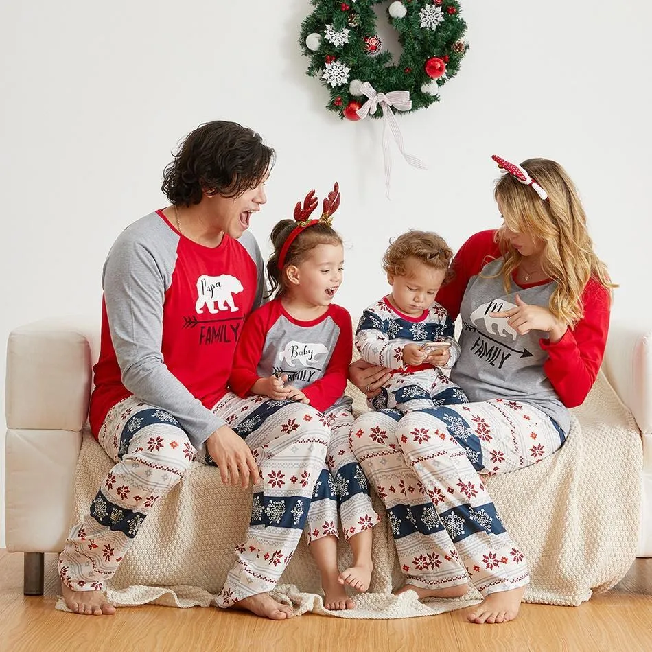 Christmas Family Bear Print and Snowflake Pants Matching Pajamas Set