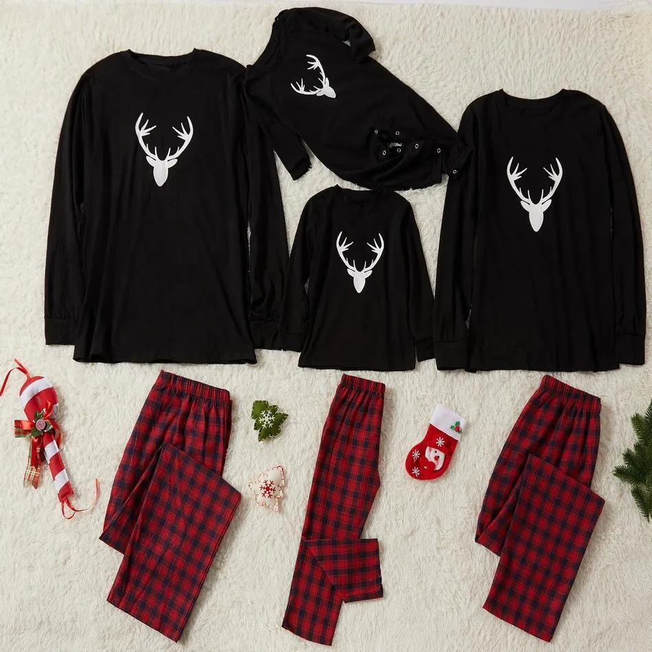 Christmas Plaid Antler Print Family Matching Pajamas Sets