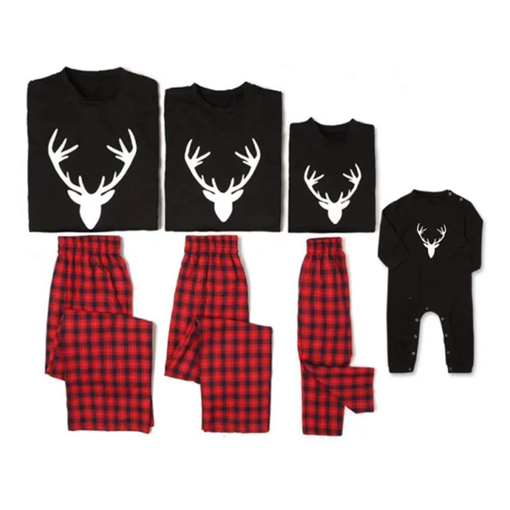 Christmas Plaid Antler Print Family Matching Pajamas Sets