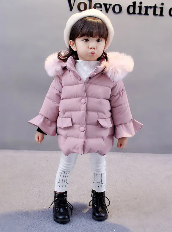 Cotton Padded Down Jacket Girls With Big hat