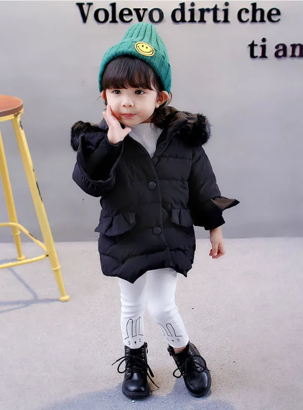 Cotton Padded Down Jacket Girls With Big hat