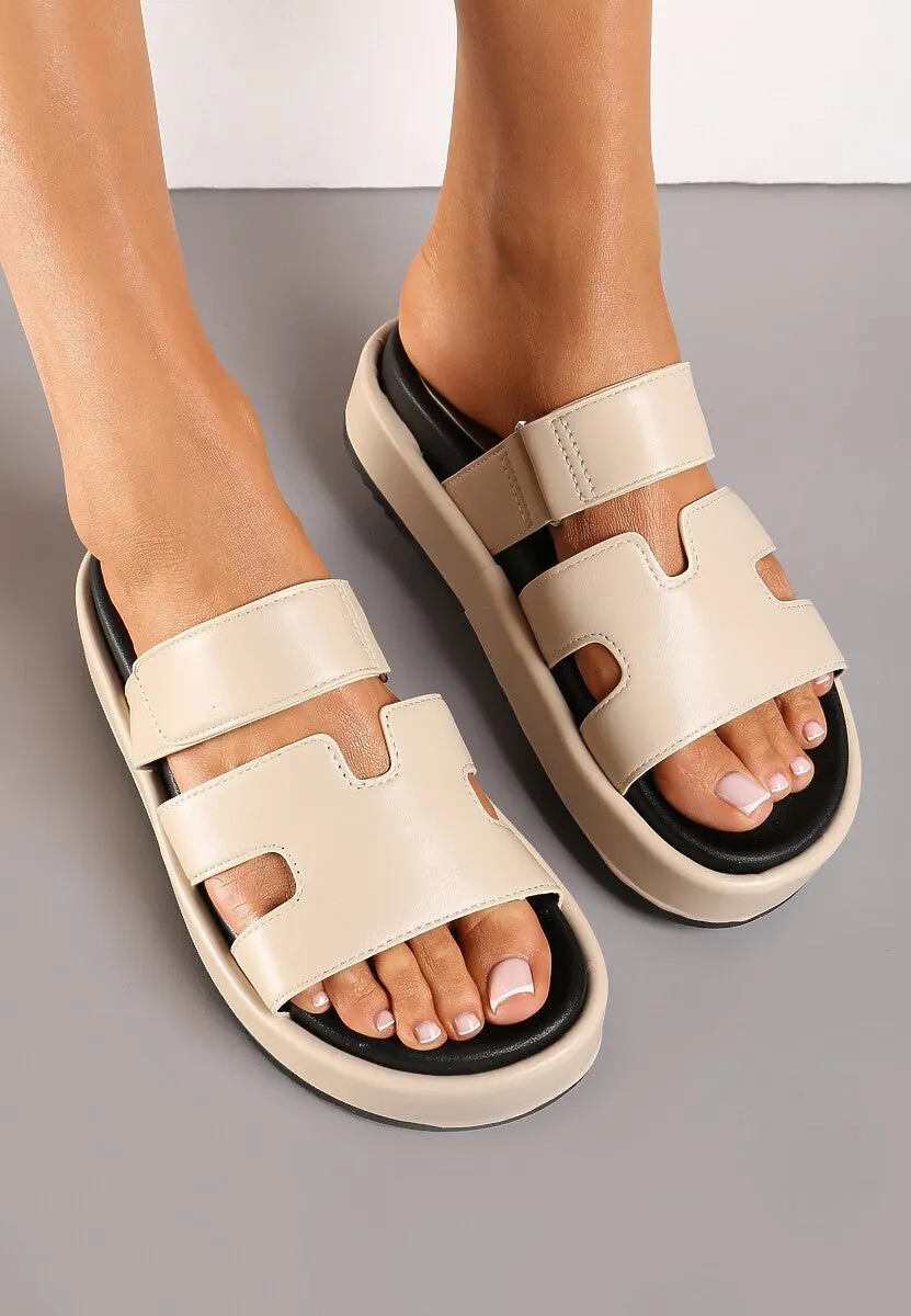 Cut-Out Design Slide Sandals -Beige