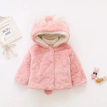 Cute Rabbit Ears Plush Baby Jacket Girls Coat Fall Winter Warm Hooded Outerwear Toddler Girl