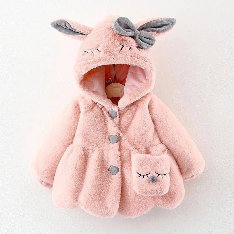 Cute Rabbit Ears Plush Baby Jacket Girls Coat Fall Winter Warm Hooded Outerwear Toddler Girl