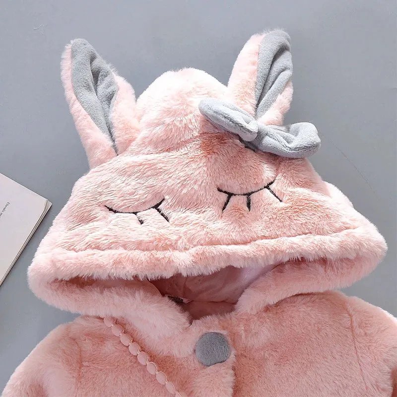 Cute Rabbit Ears Plush Baby Jacket Girls Coat Fall Winter Warm Hooded Outerwear Toddler Girl