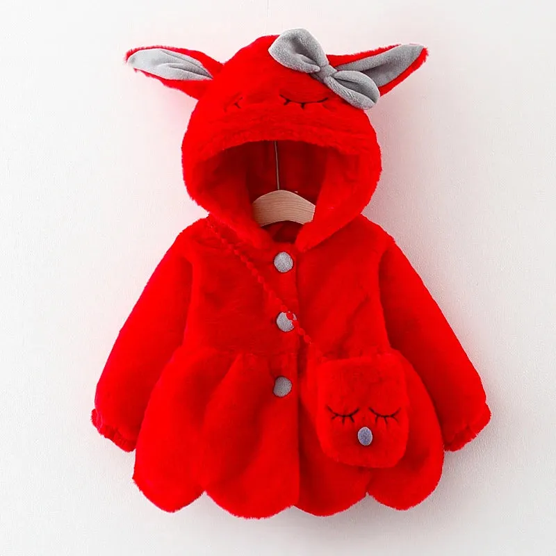 Cute Rabbit Ears Plush Baby Jacket Girls Coat Fall Winter Warm Hooded Outerwear Toddler Girl