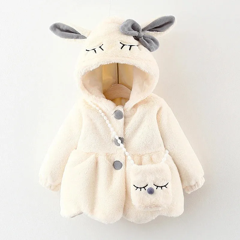 Cute Rabbit Ears Plush Baby Jacket Girls Coat Fall Winter Warm Hooded Outerwear Toddler Girl
