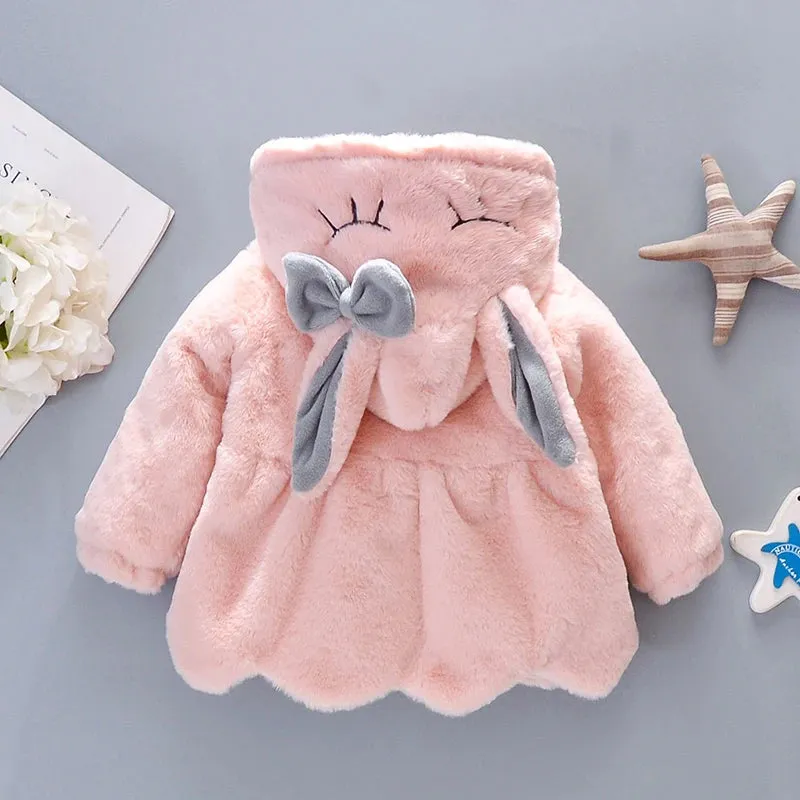 Cute Rabbit Ears Plush Baby Jacket Girls Coat Fall Winter Warm Hooded Outerwear Toddler Girl