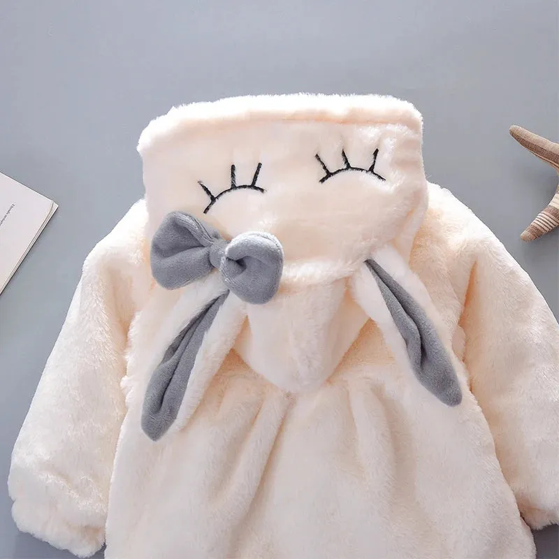 Cute Rabbit Ears Plush Baby Jacket Girls Coat Fall Winter Warm Hooded Outerwear Toddler Girl